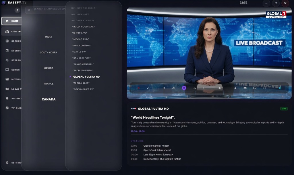 EaseFy Player Live TV Mode Mockup
